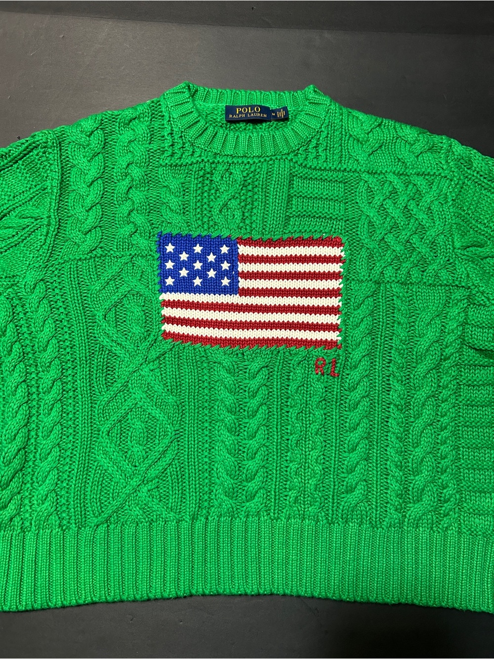 Vintage Polo by Ralph Lauren Green Cable Knit Crewneck with American Flag - Picture 14 of 16
